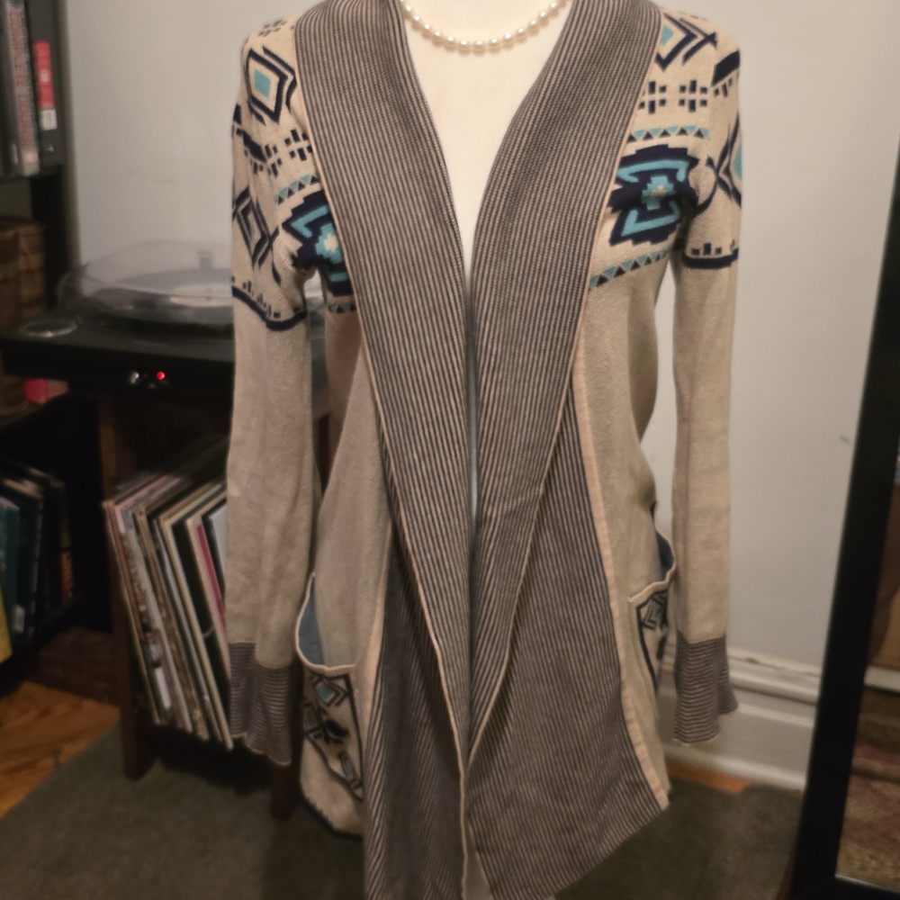 Cream and Blue Knit Cardigan Sweater with Graphic Design
